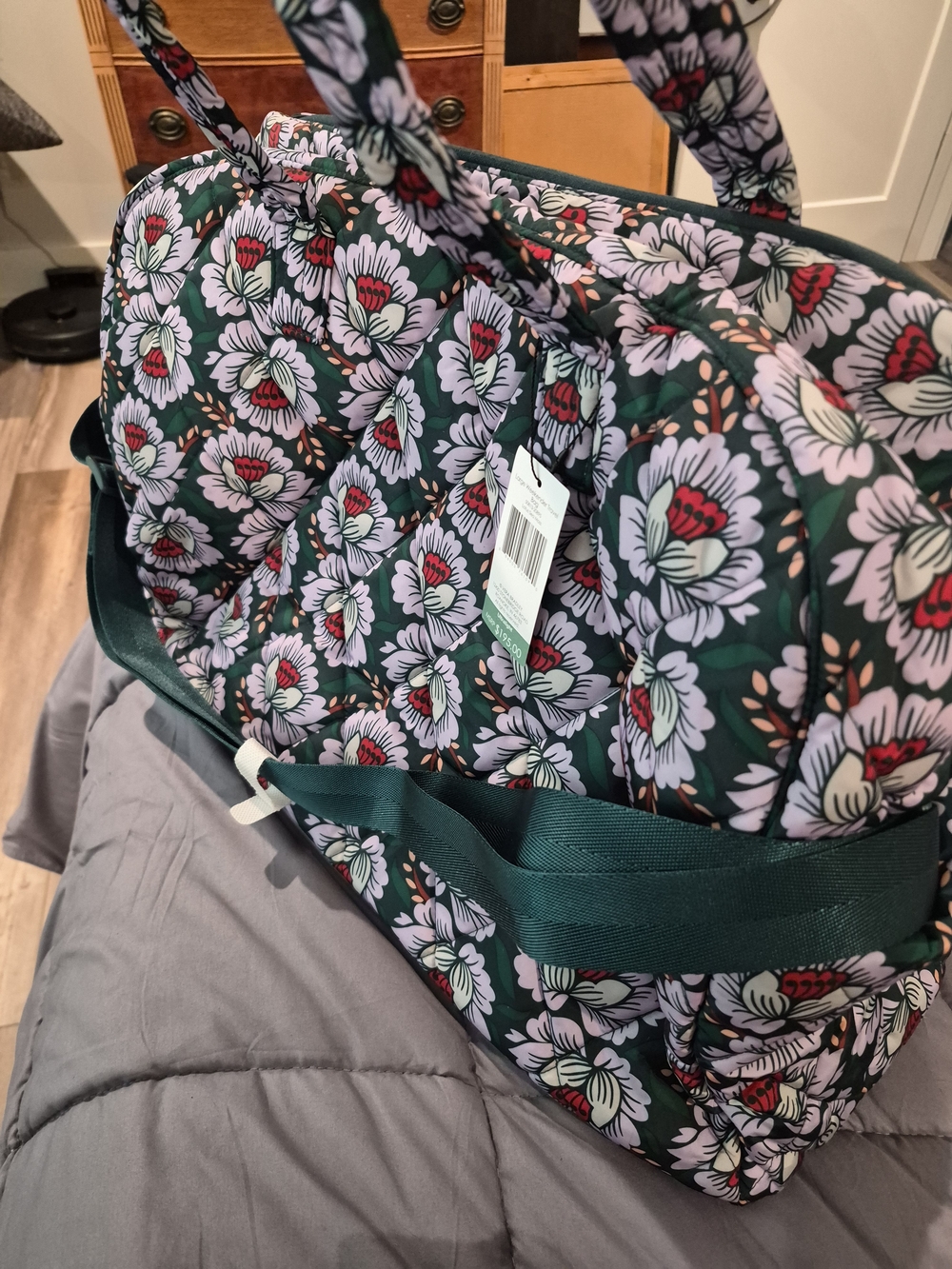 Quilted Floral Tote Bag in Dark Green